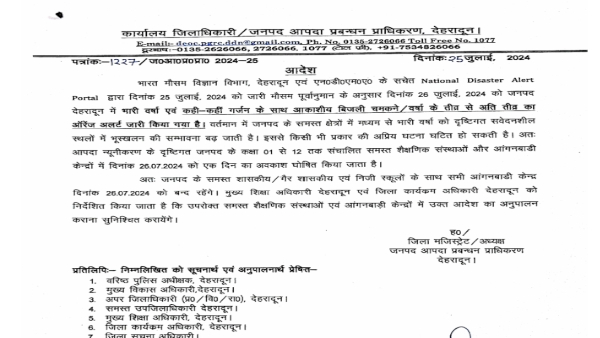 देहरादून में कल 26 जुलाई को भारी वर्षा को देखते हुए एक से 12वीं तक छुट्टी