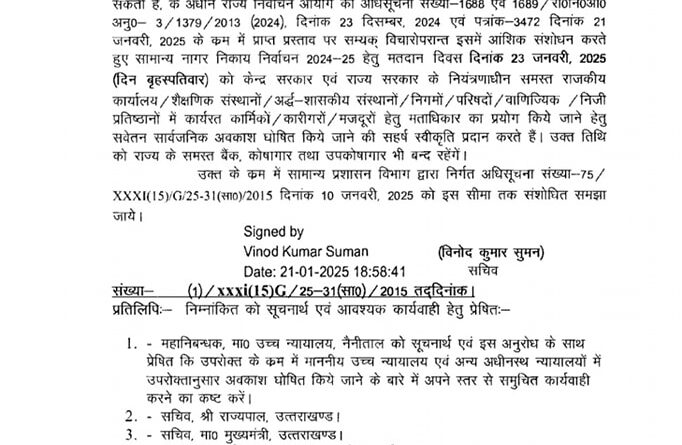 23 जनवरी को निकाय चुनाव को लेकर अब बैंक समेत सारे प्रतिष्ठान रहेंगे बंद, आदेश जारी