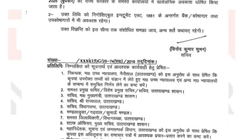 शारदीय नवरात्रि के अवसर पर महानवमी को प्रदेश में सार्वजनिक अवकाश घोषित