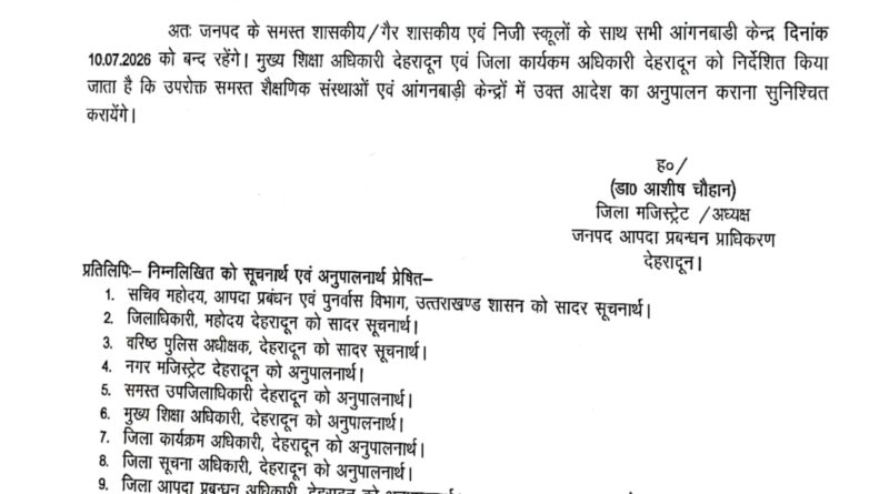 देहरादून में भारी बारिश का 10 जुलाई के लिए रेड अलर्ट, स्कूलों में छुट्टी रहेगी