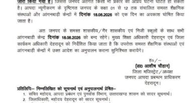 देहरादून में भारी बारिश को देखते हुए कल स्कूलों में छुट्टी घोषित