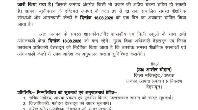 देहरादून में भारी बारिश को देखते हुए कल स्कूलों में छुट्टी घोषित